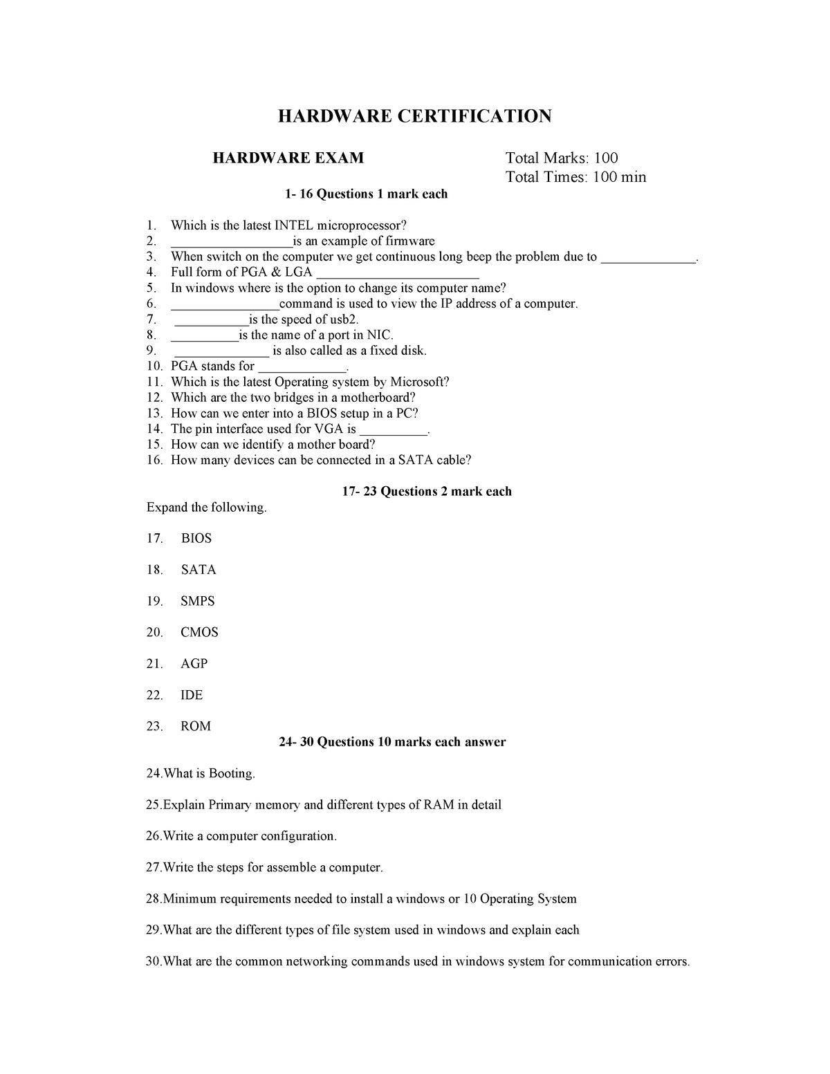 Hardware questions For KE - HARDWARE CERTIFICATION HARDWARE EXAM Total ...