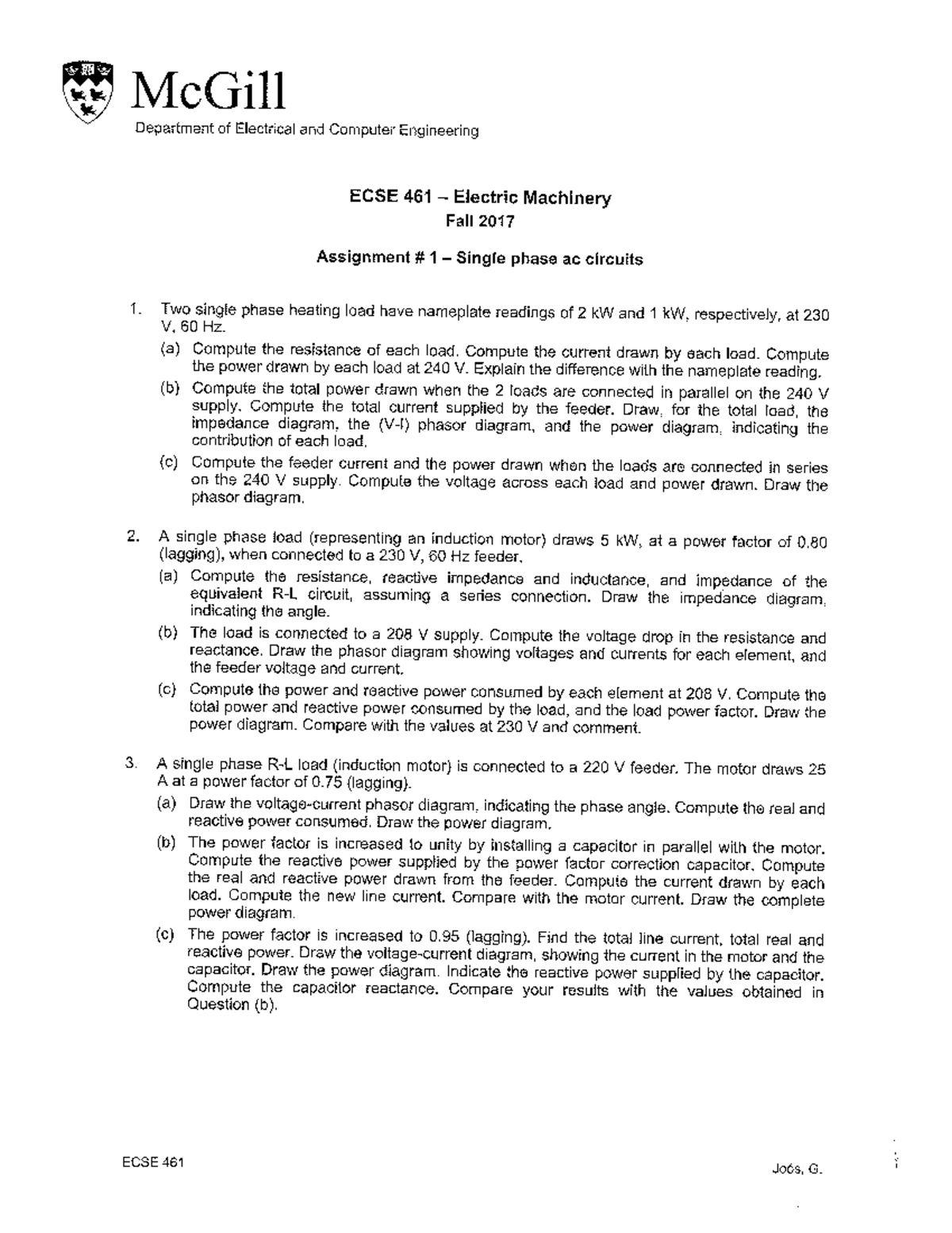 Assignment 1 McGill Department of Electrical and Computer Engineering