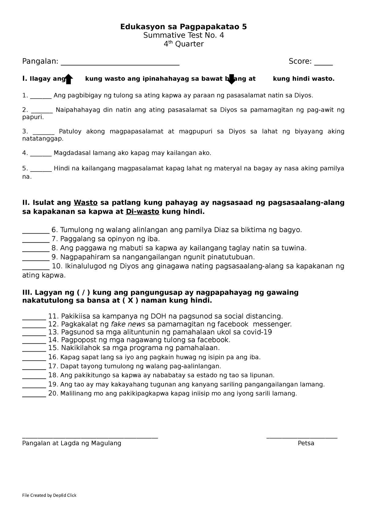 ESP5 ST4 Q4 - This Can Be Use As Assessment Material For Edukasyon Sa ...