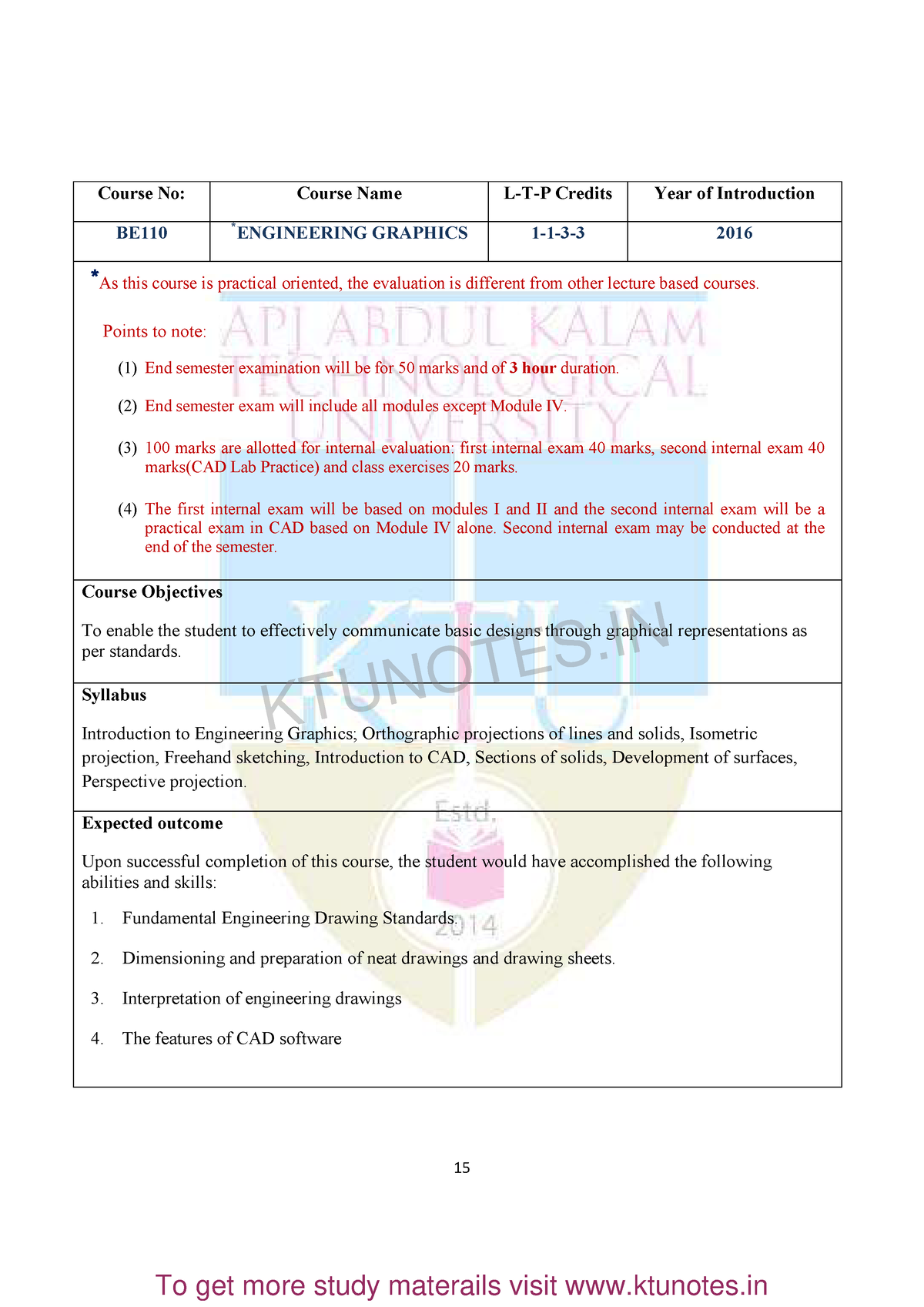 Ktunotes.in-BE110 Engineering Graphics Syllabus - 15 Course No: Course ...