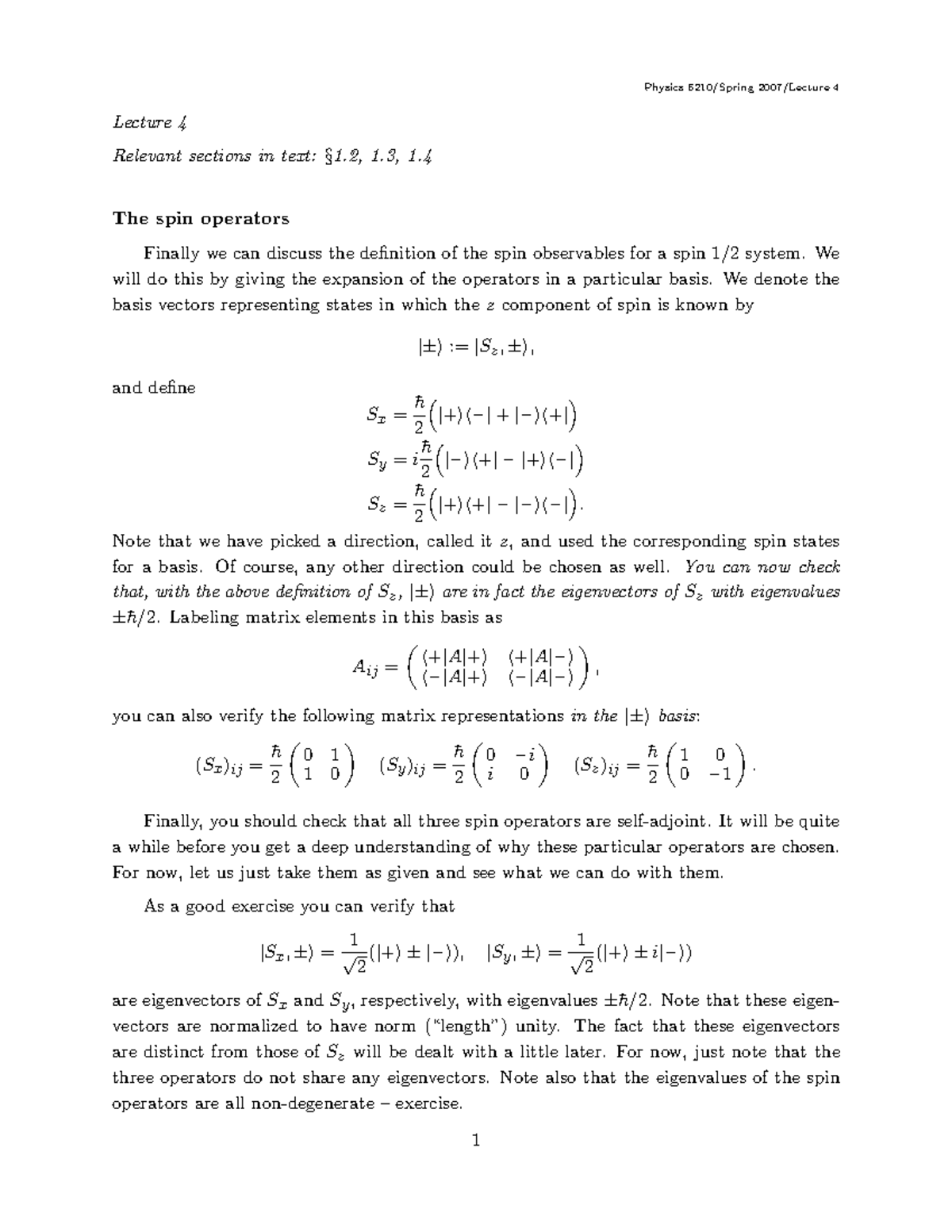 04.pdf the spin operators - Lecture 4 Relevant sections in text:§1, 1 ...
