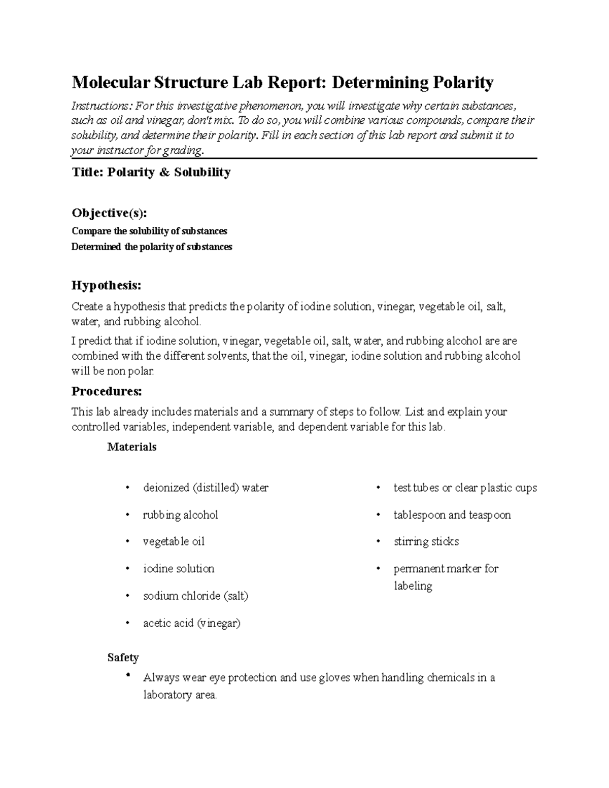 Lab Report Reactions In Our World Molecular Structure Lab Report