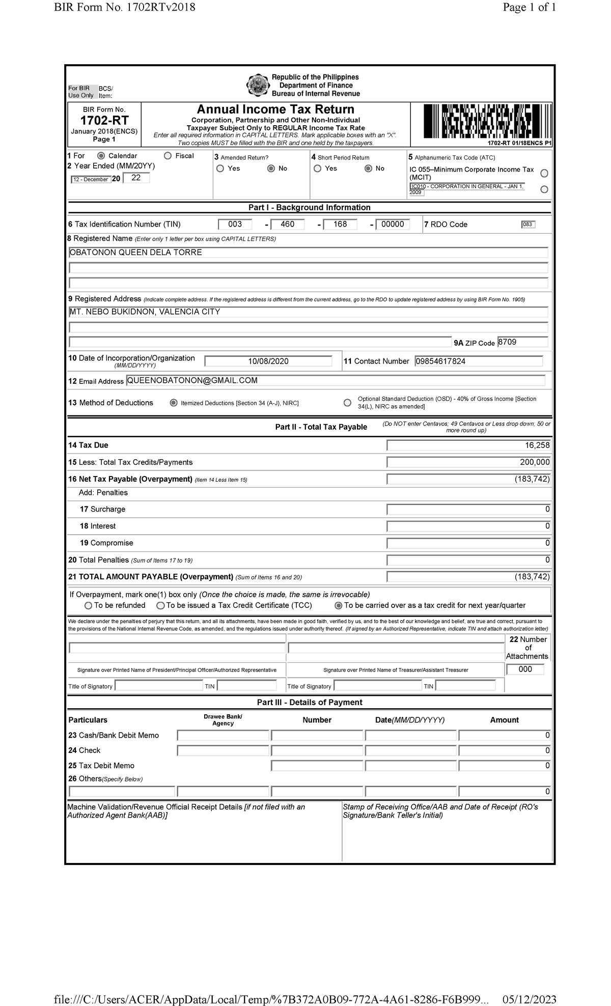 Queen BIR1702RTpg1 - bir example form - BIR Form No. 1702 - RT January ...