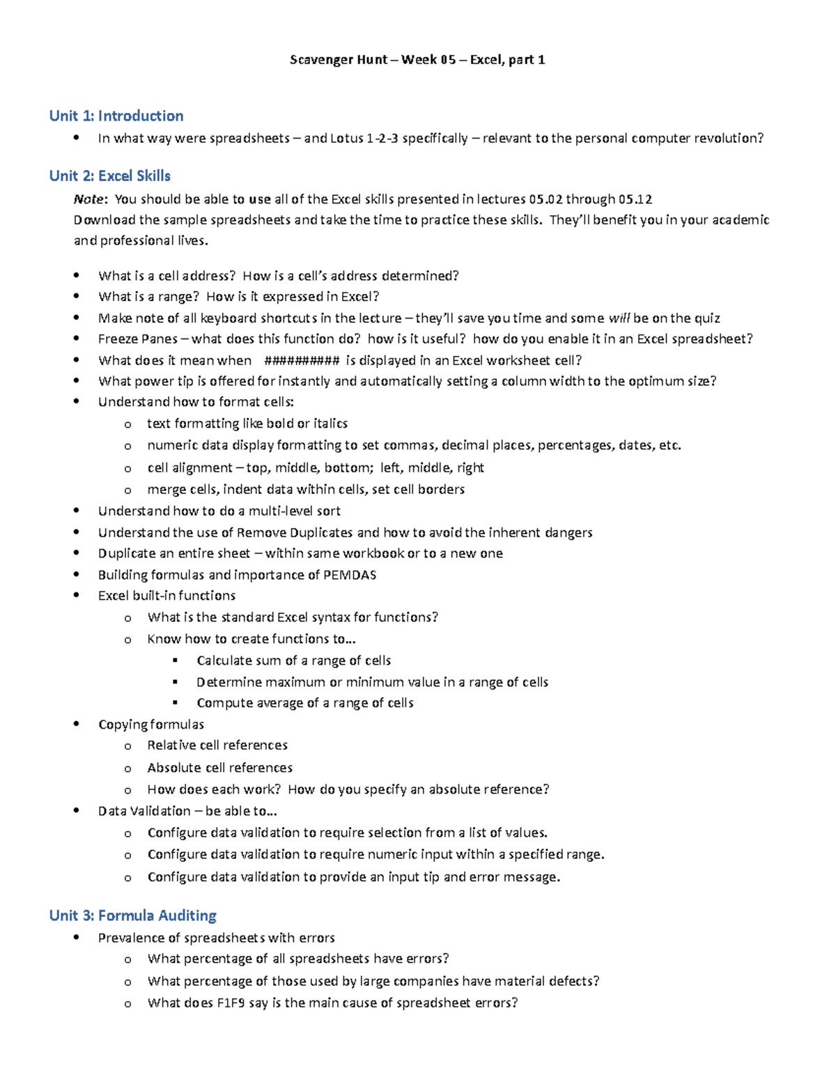 Scavenger Hunt 05Excel Part 1 Scavenger Hunt Week 05 Excel, part