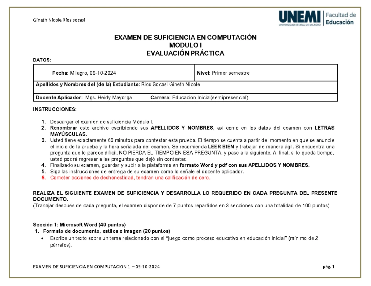 Módulo 1 Exámen de Computación 2024 4 - PRUEBA DE COMPUTACION I Windows