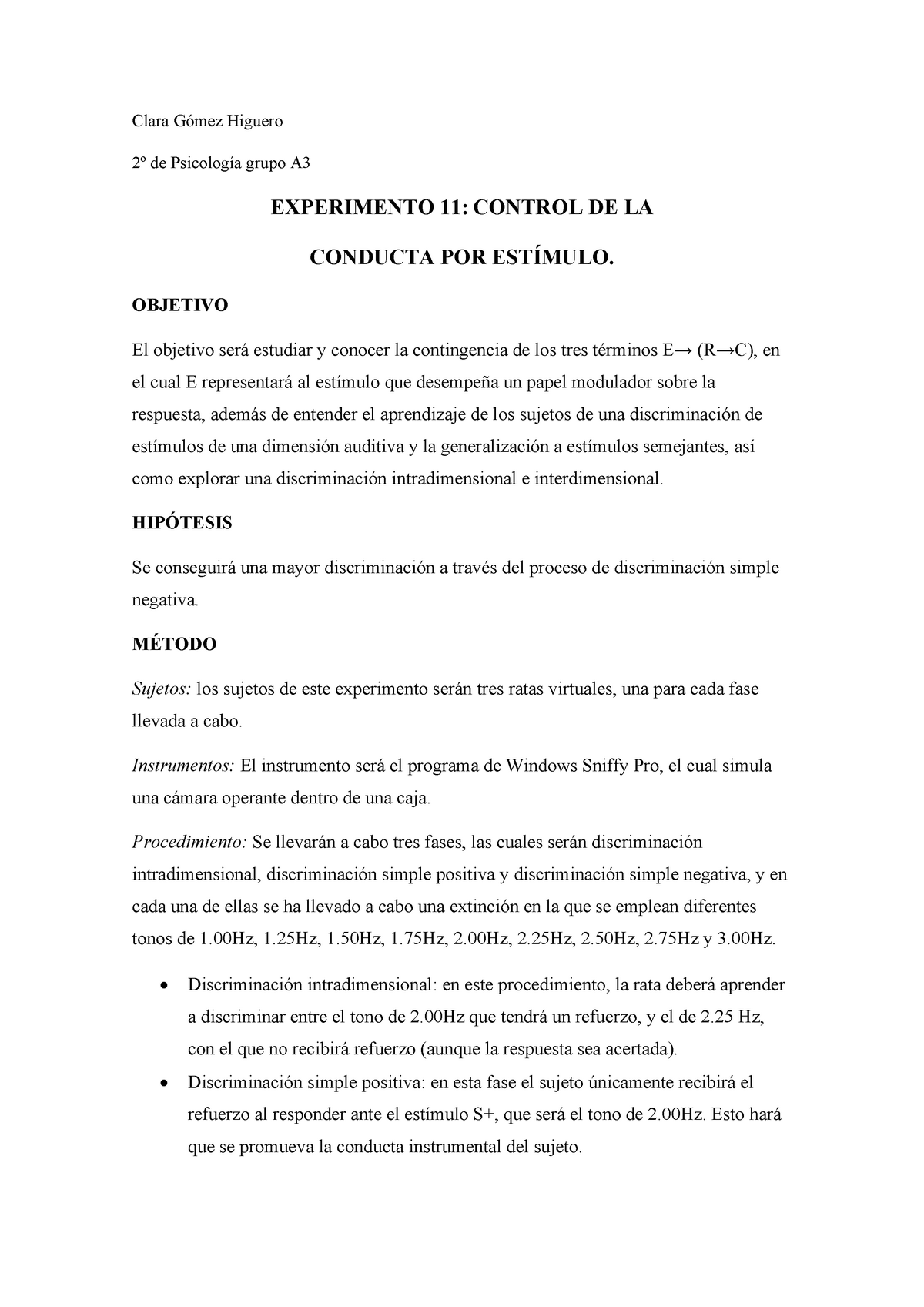 Experimento 11. Control De La Conducta Por El Estímulo - Clara Gómez ...