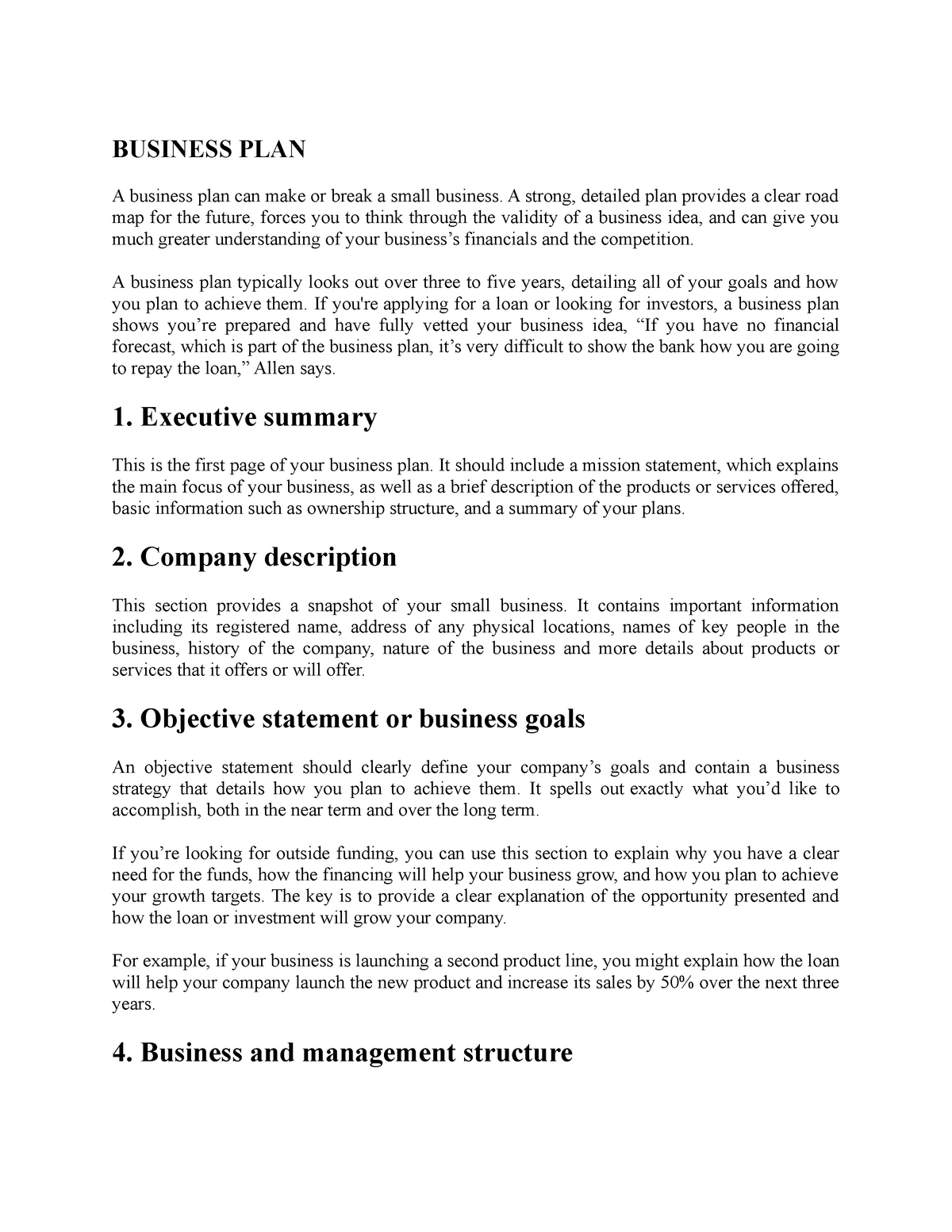 management and ownership business plan sample