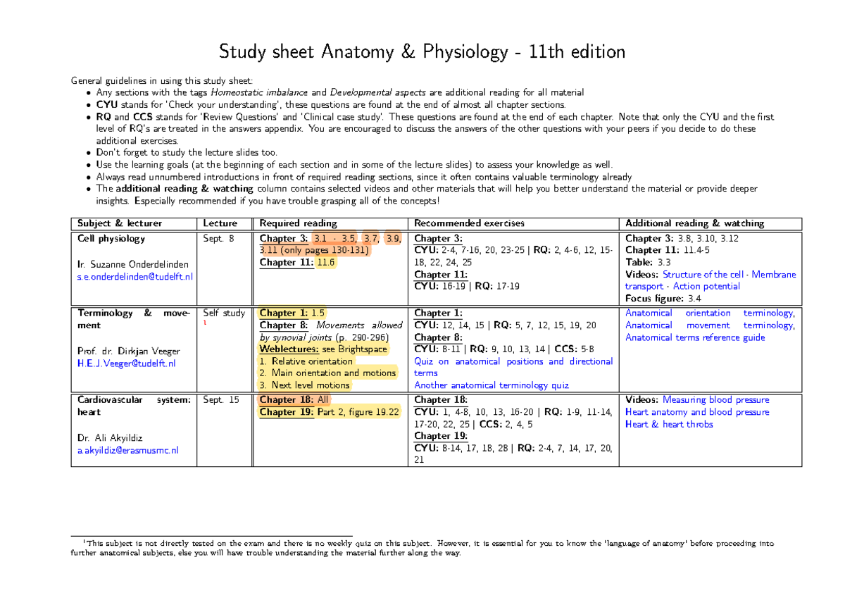 Study sheet Q1 11E - blank - Anatomy and Physiology - TU Delft ...