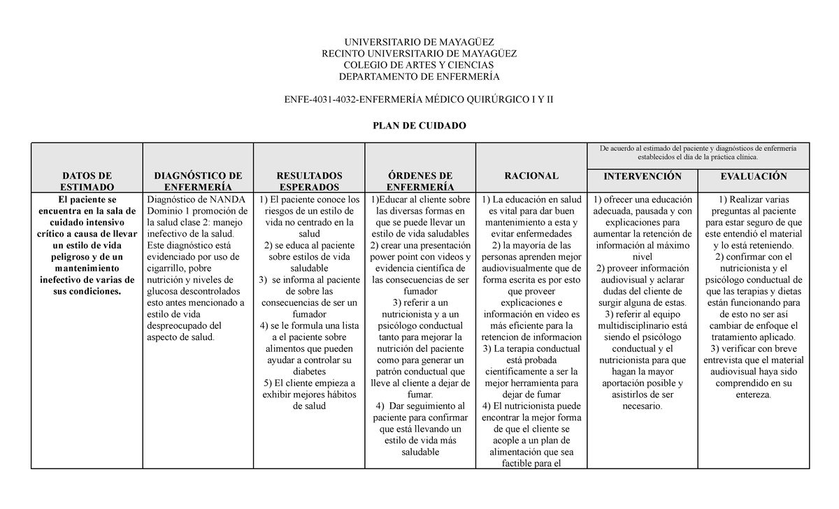 Plan De Cuidado 2 Medico Quirurgico Segun Nanda Universitario De