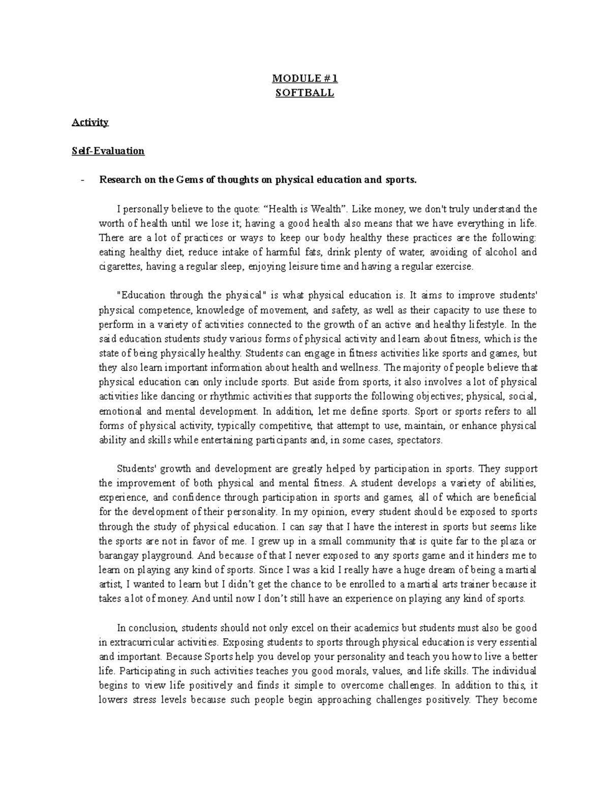 PHED 104 - notes for PE - MODULE # 1 SOFTBALL Activity Self-Evaluation ...