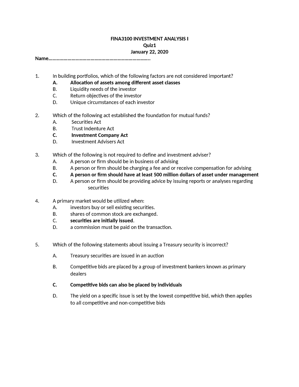 Quiz1c-solutions - Fina3100 Investment Analysis I Quiz January 22, 2020 