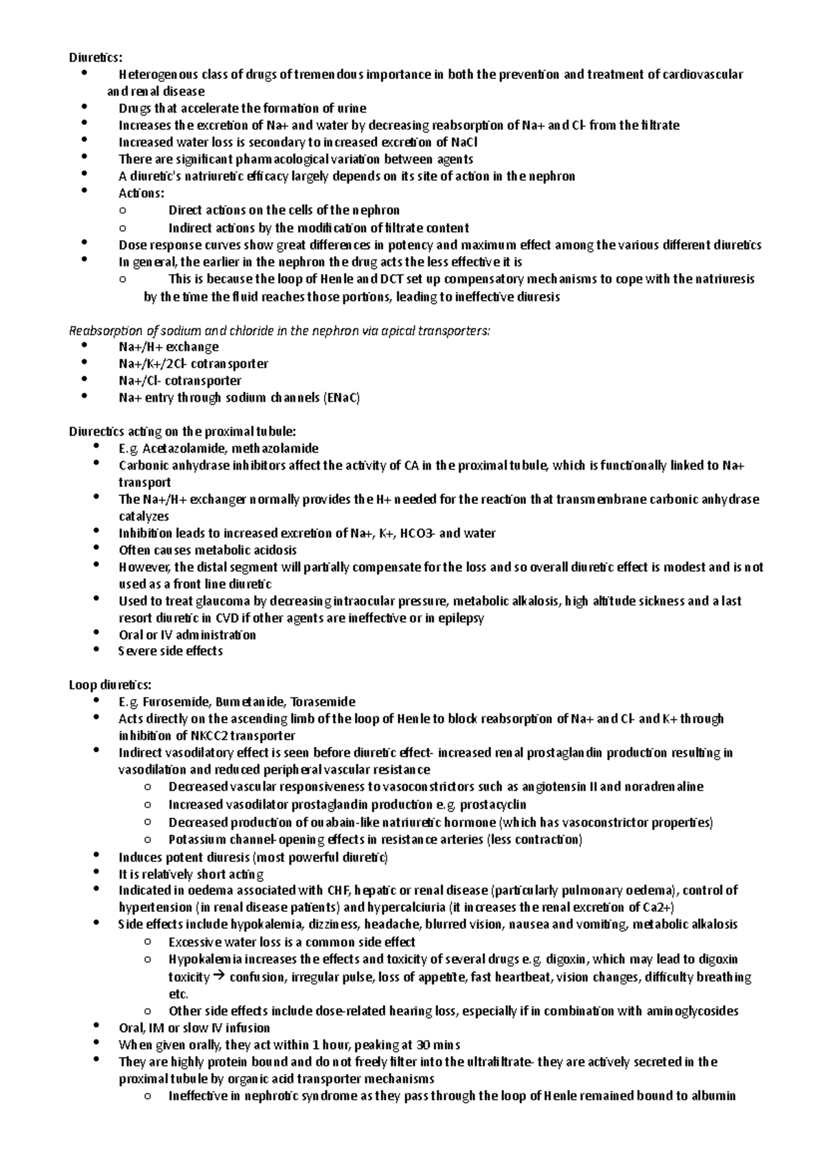 Diuretic Notes - Summary Pharmaceutics - Diuretics: Heterogenous class ...