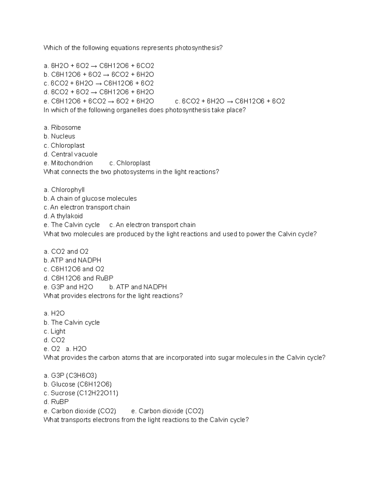 Which Of The Following Chemical Equations Represents Photosynthesis