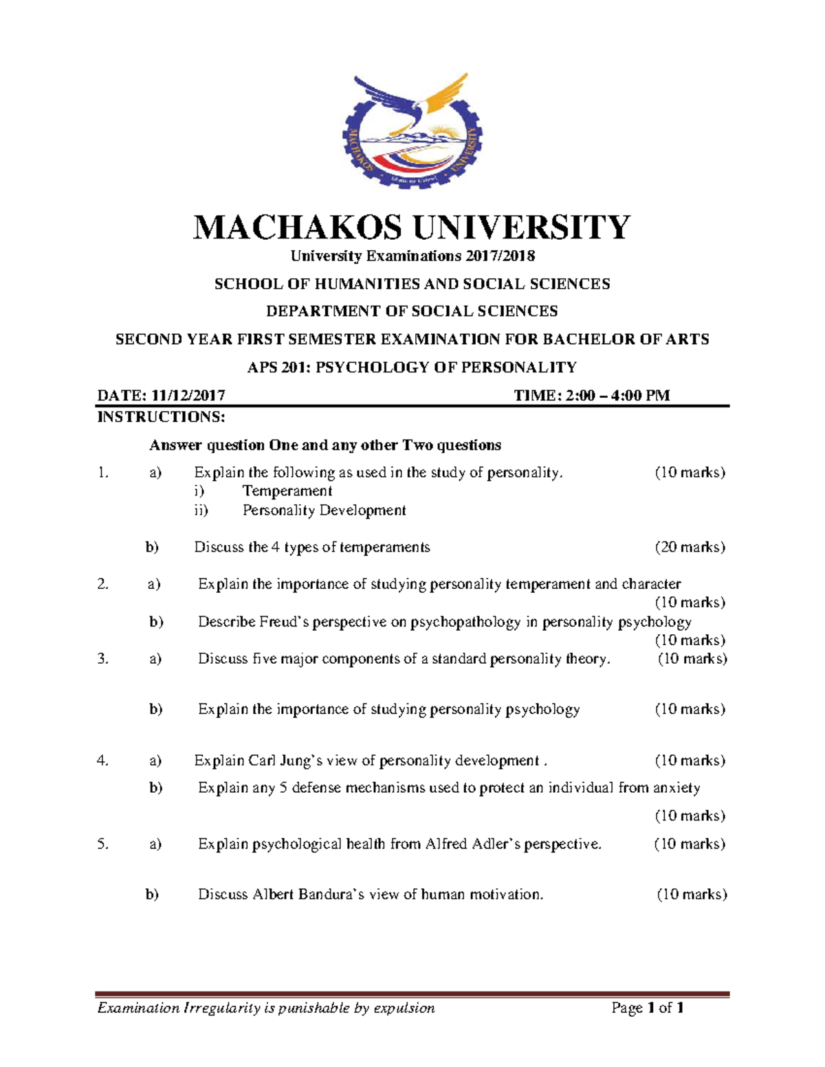 Aps201 Introduction To Psychology Of Personality Examination Aps201 Introduction To Psychology Of Personality Examination
