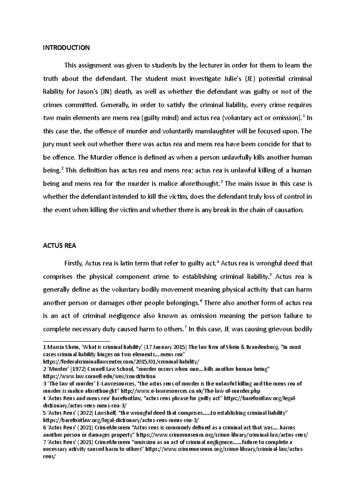 Criminal law assignment - INTRODUCTION This assignment was given to ...