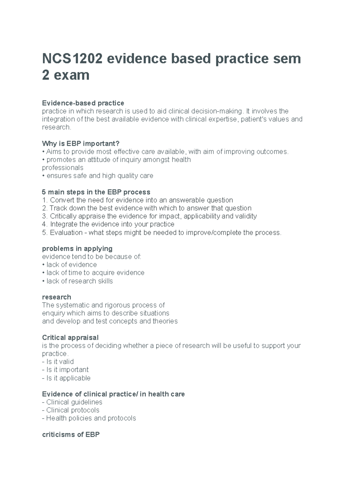 NCS1202 EXAM REVISION - NCS1202 evidence based practice sem 2 exam ...