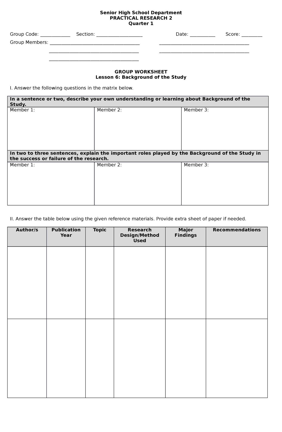 Group Worksheet about Background of the Study - Senior High School ...