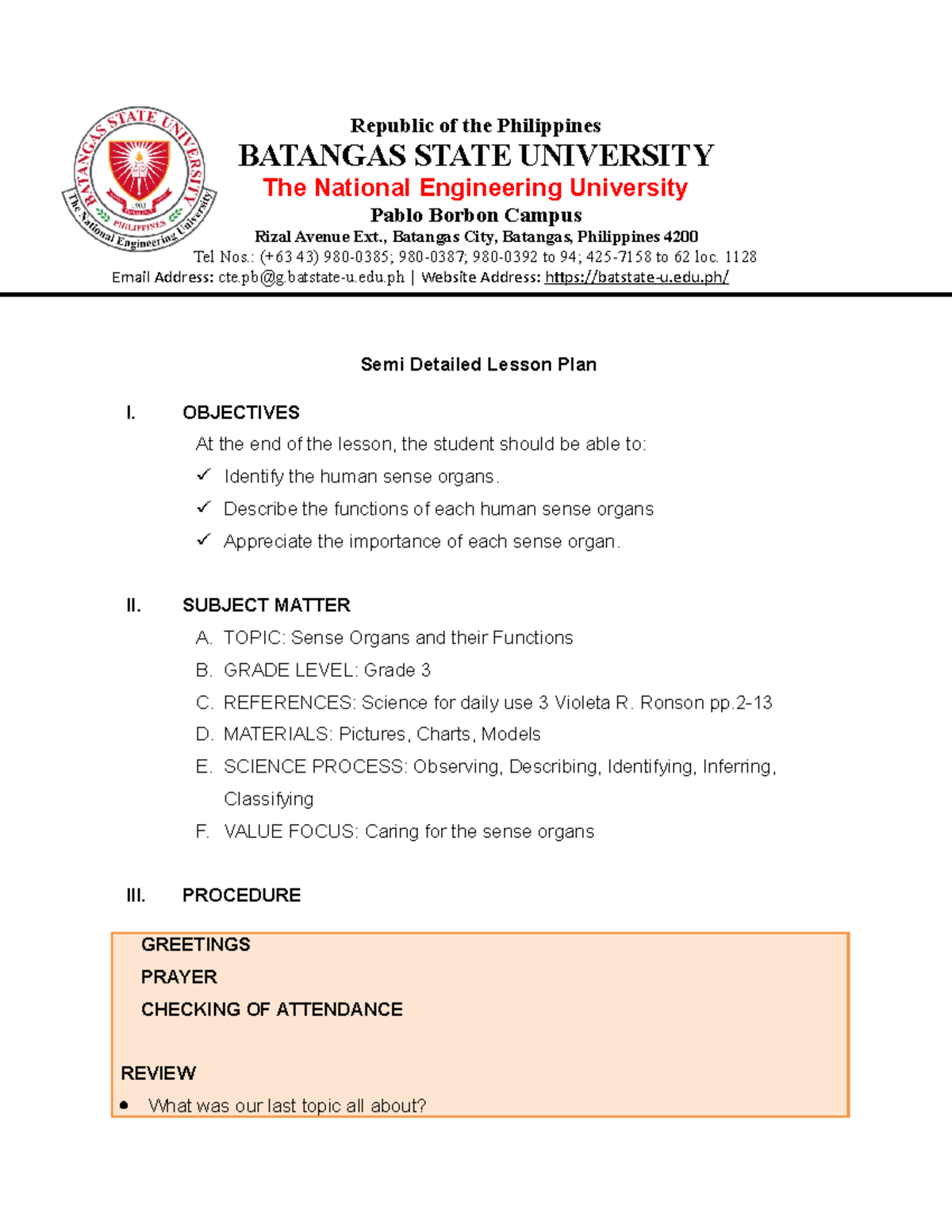 SEMI- Detailed Lesson PLAN - Republic of the Philippines BATANGAS STATE