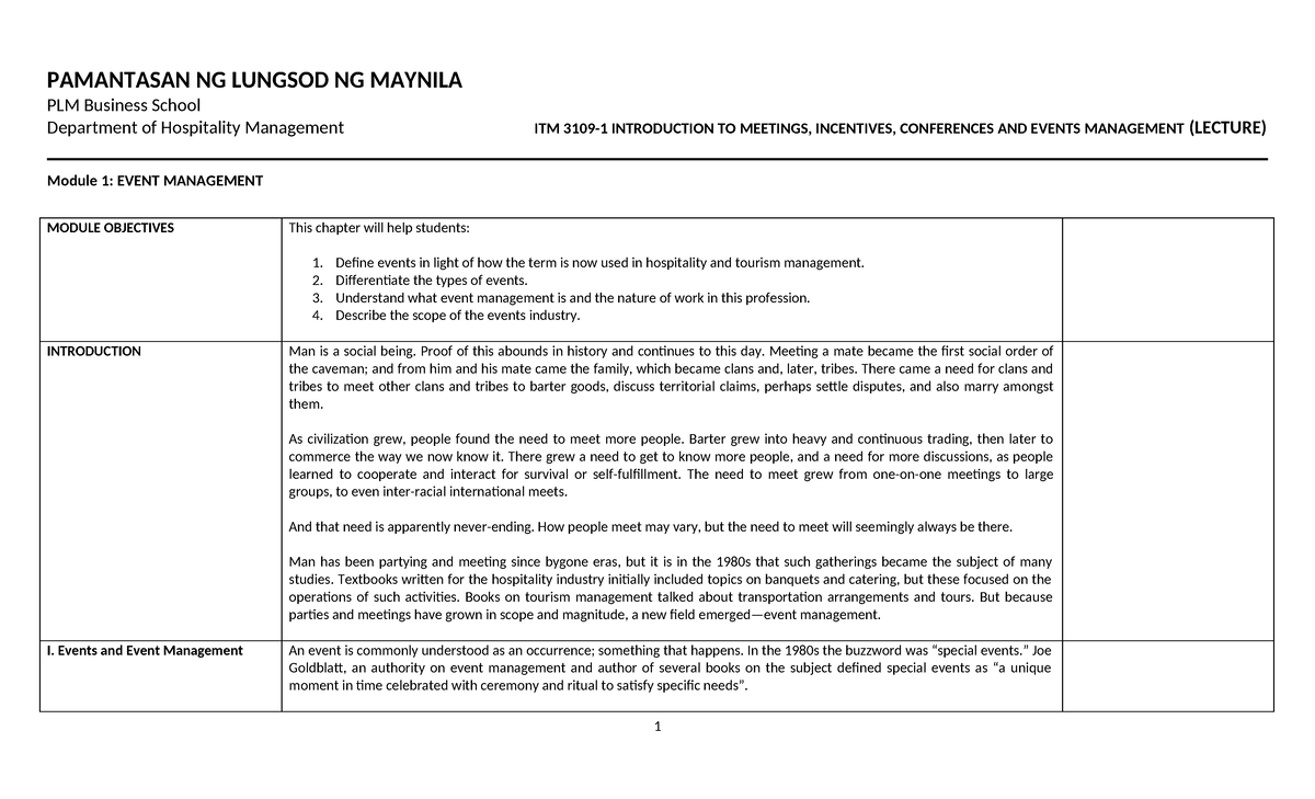Module-1- Event- Management - PAMANTASAN NG LUNGSOD NG MAYNILA PLM ...