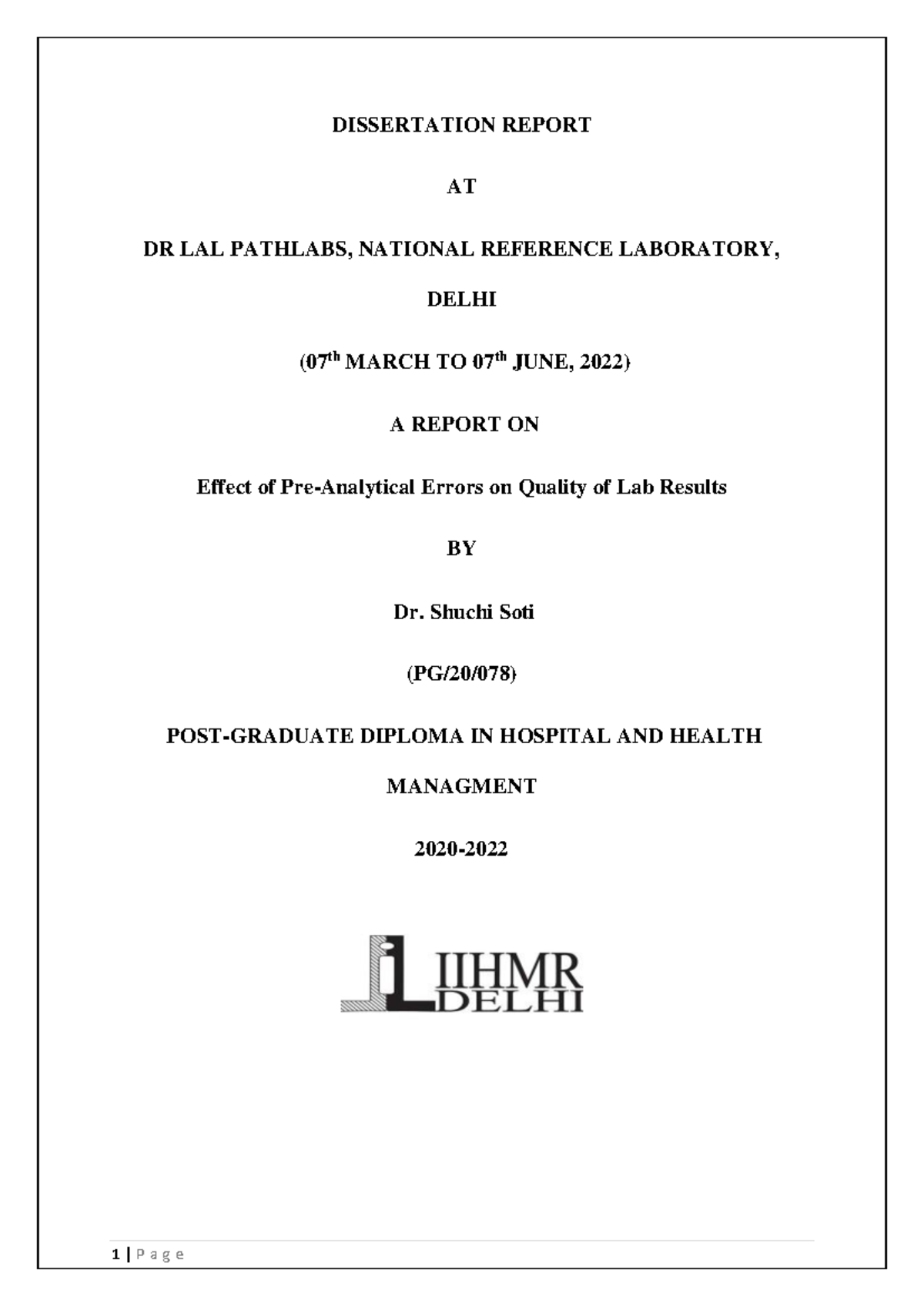 Dissertation 078 - shuchi - DISSERTATION REPORT AT DR LAL PATHLABS ...