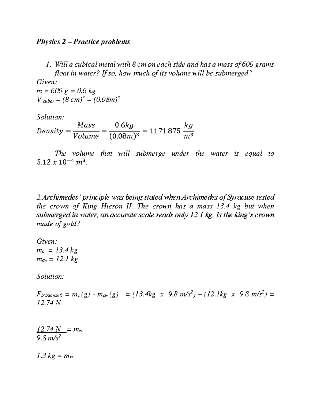 Physics -practice problems - Physics 2 (Calculus-based Physics) - Studocu
