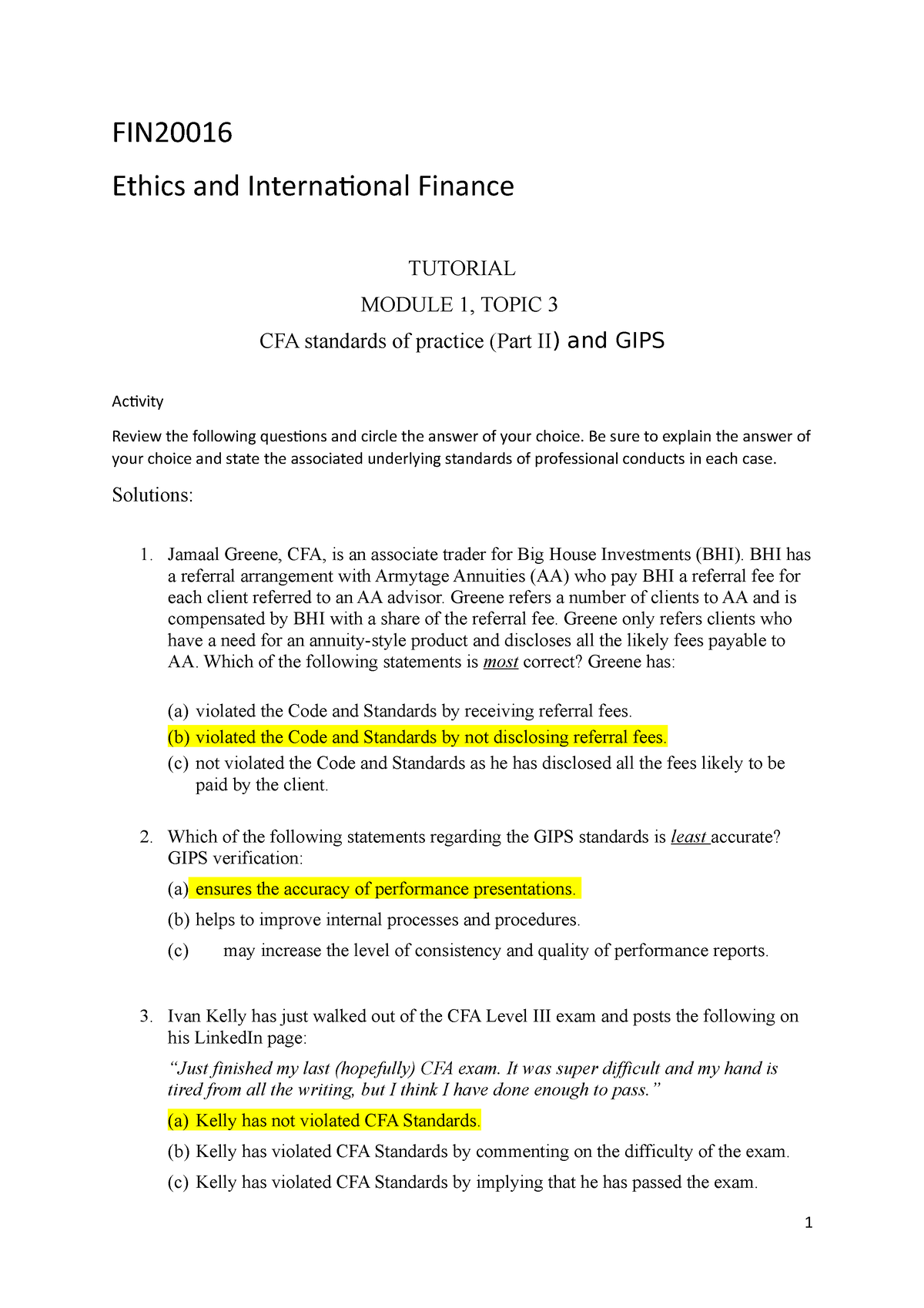 Fin2001 6 Week 3 Tutorial Fin Ethics And International Finance Tutorial Module 1 Topic 3 Cfa 9781