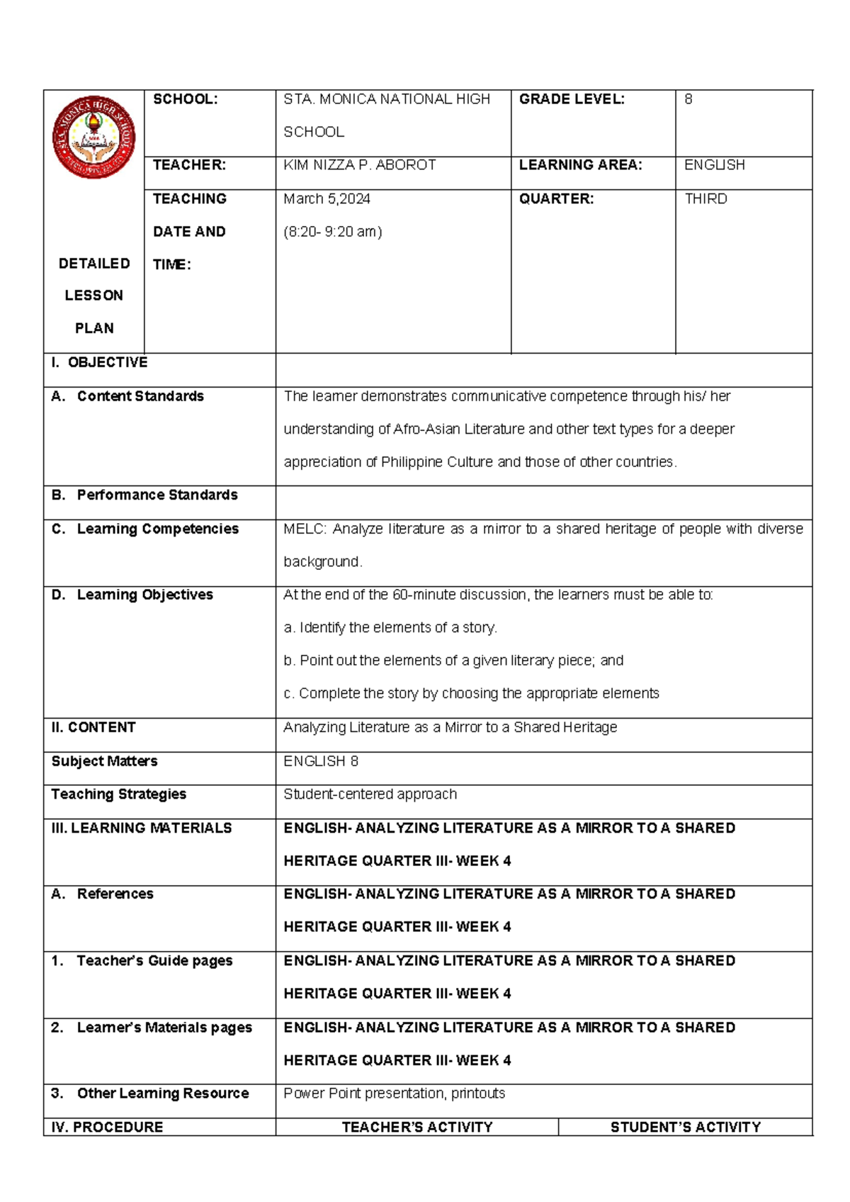 Elements of a story DLP - DETAILED LESSON PLAN SCHOOL: STA. MONICA ...