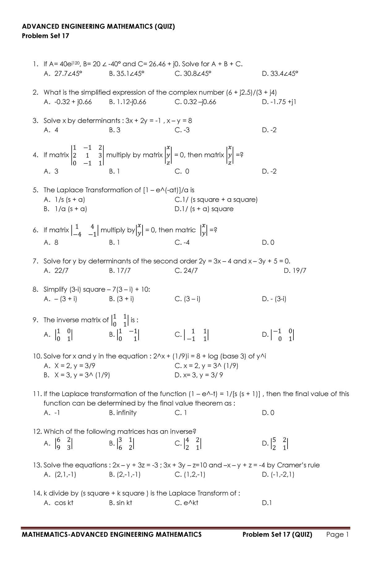 Advanced Engineering Mathematics PS-17 (QUIZ) - ADVANCED ENGINEERING ...