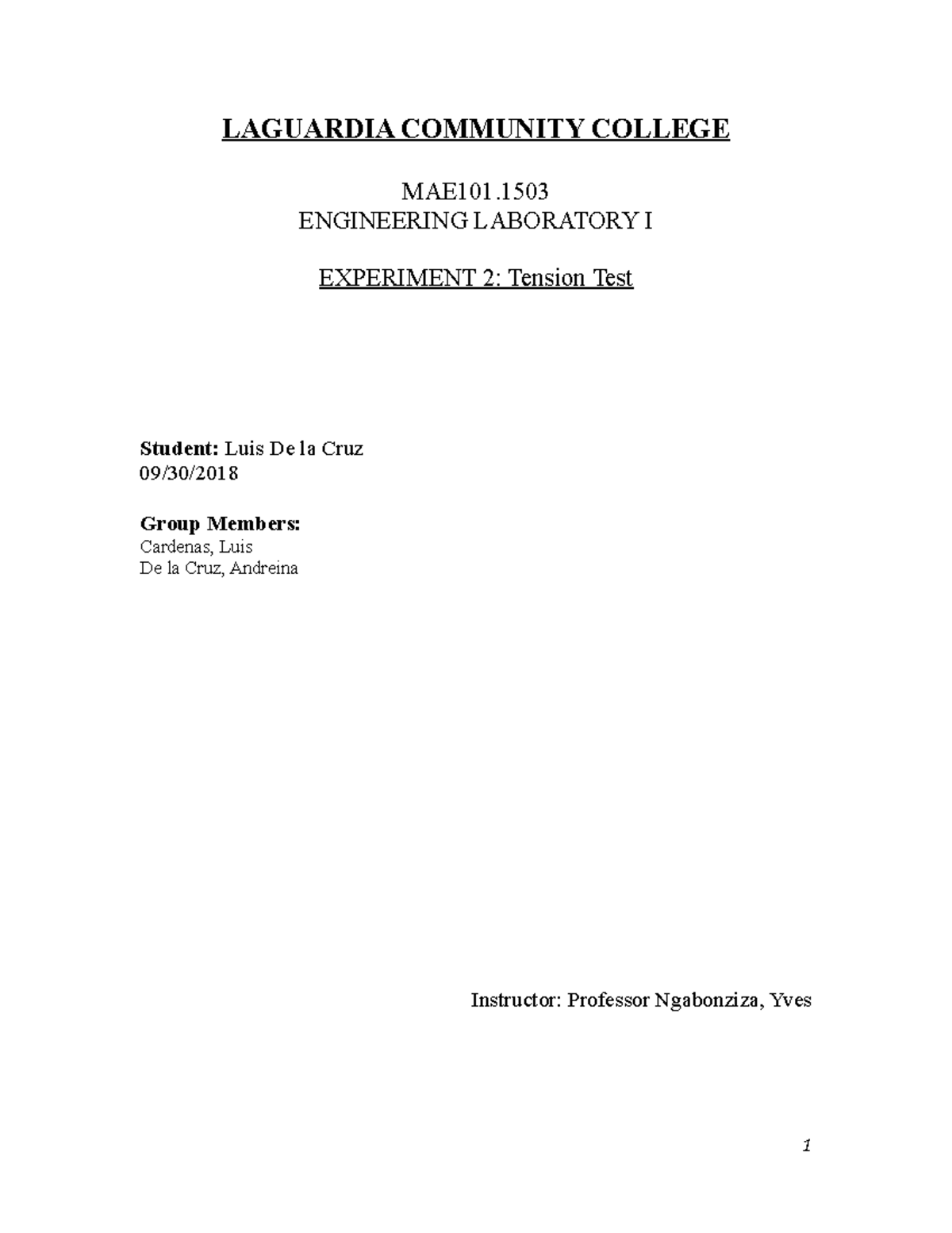 Report #2 - LAGUARDIA COMMUNITY COLLEGE MAE101 ENGINEERING LABORATORY I ...