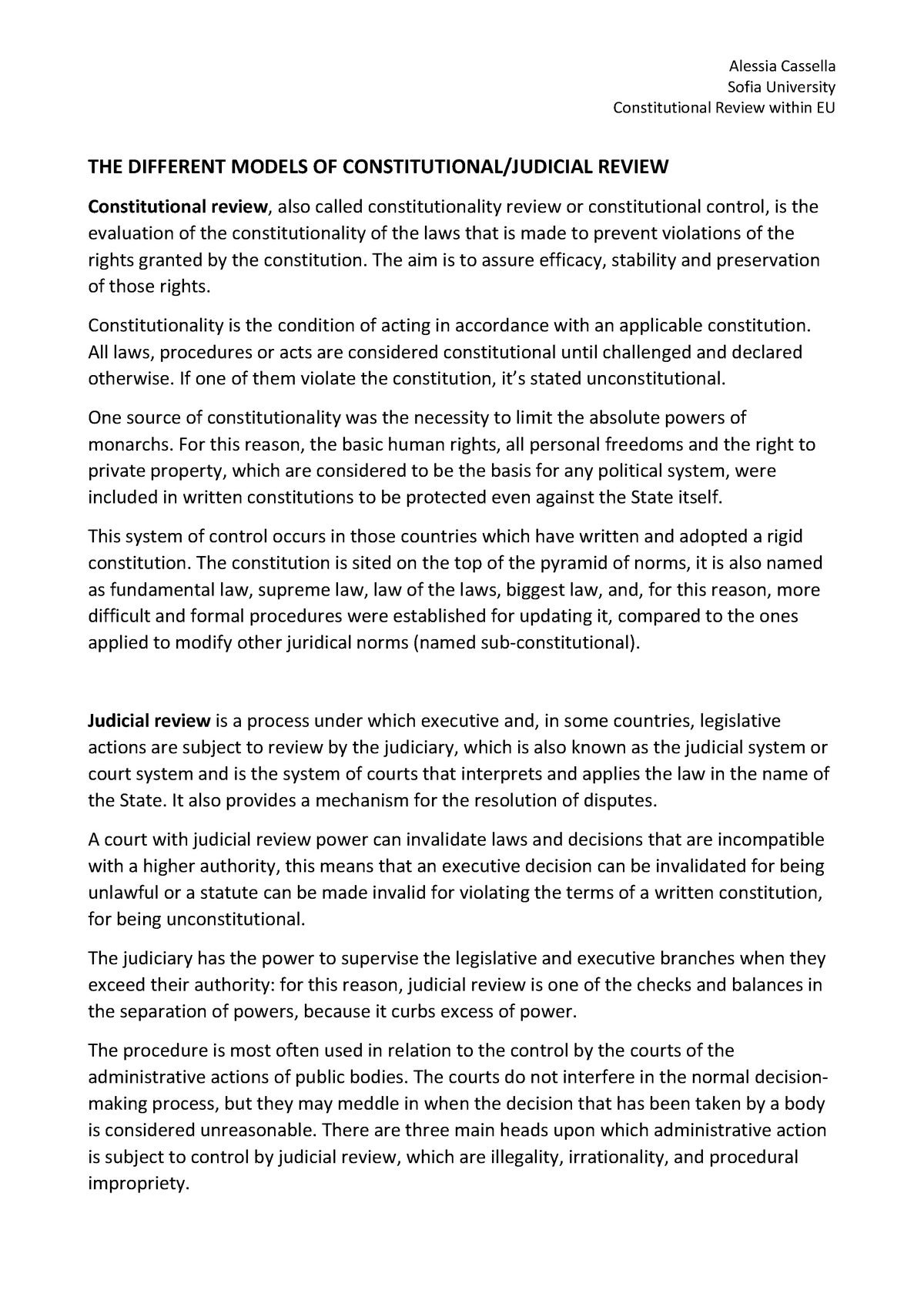 The Different Models Of Constitutional Judicial Review - Alessia 