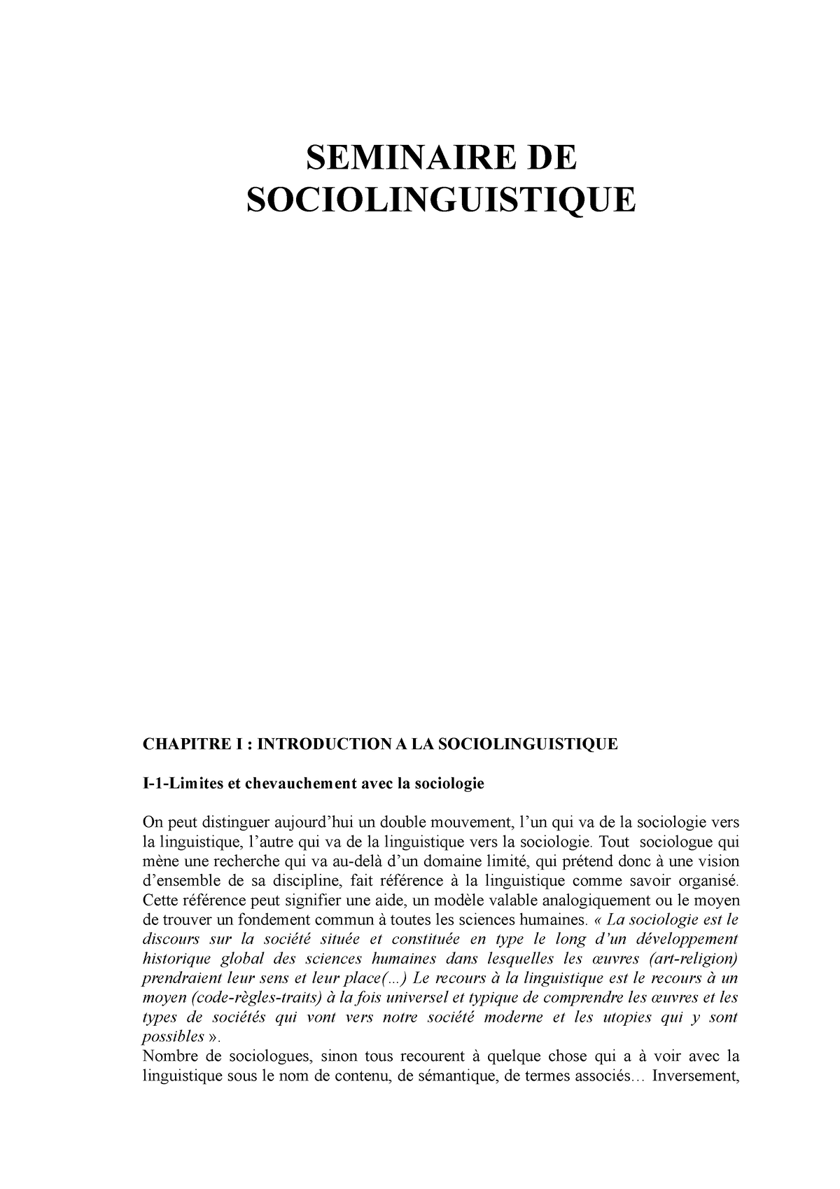 Seminaire De Socioling - SEMINAIRE DE SOCIOLINGUISTIQUE CHAPITRE I ...