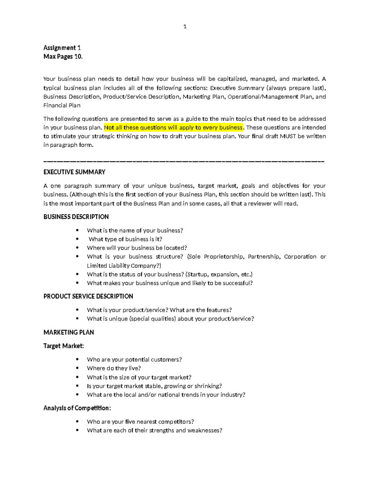 business plan assignment sample