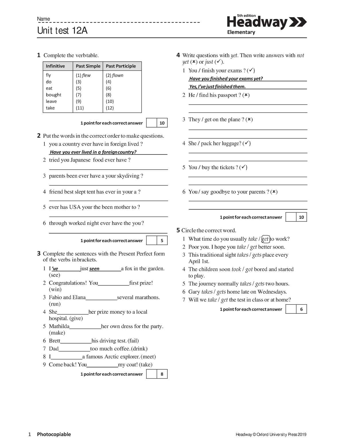 HW5e Elem Test Unit 12A - 5th edition Name Unit test 12A Elementar y 1 ...