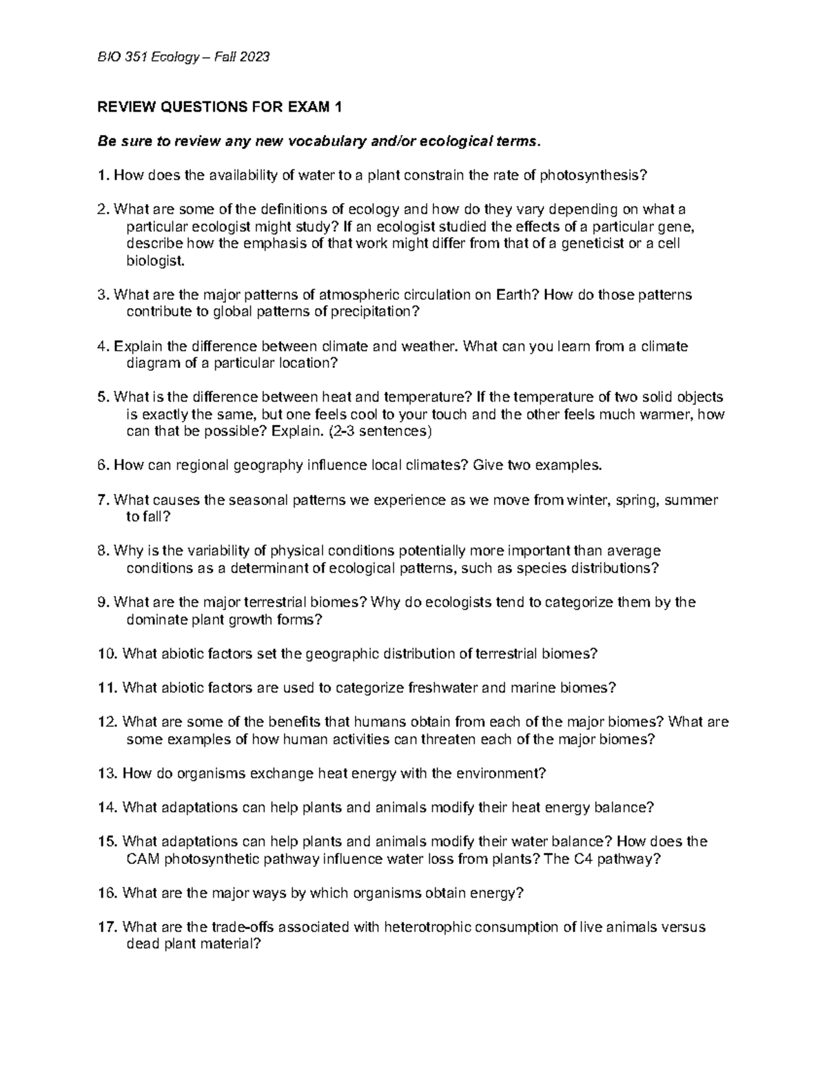 Review Questions for Exam 1 Fall 2023 - BIO 351 Ecology – Fall 2023 ...