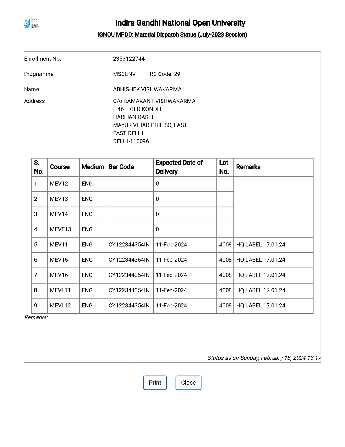 Ignou Student Material Status Indira Gandhi National Open University