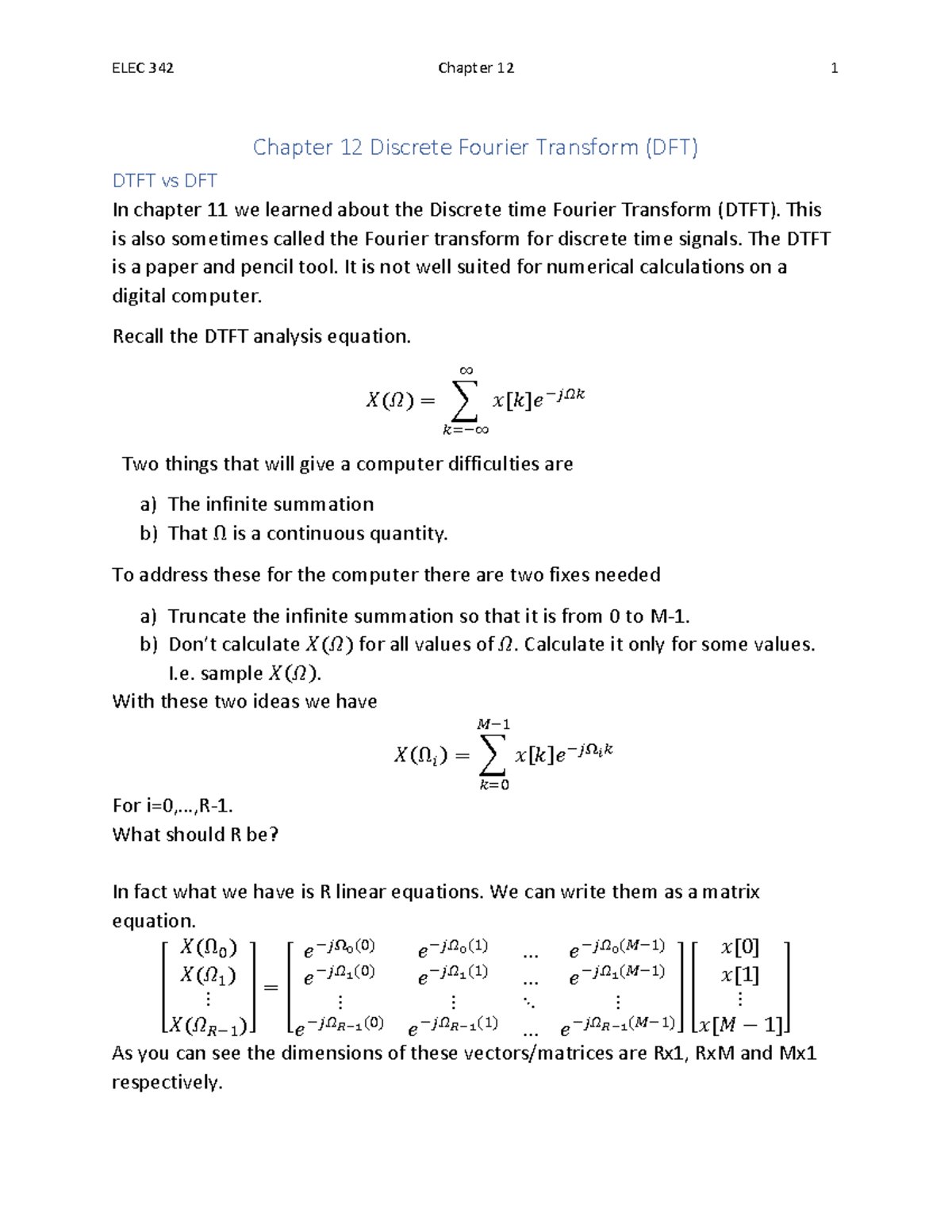 Elec 342 notes ch 12 - Ch 12 - Chapter 12 Discrete Fourier Transform ...