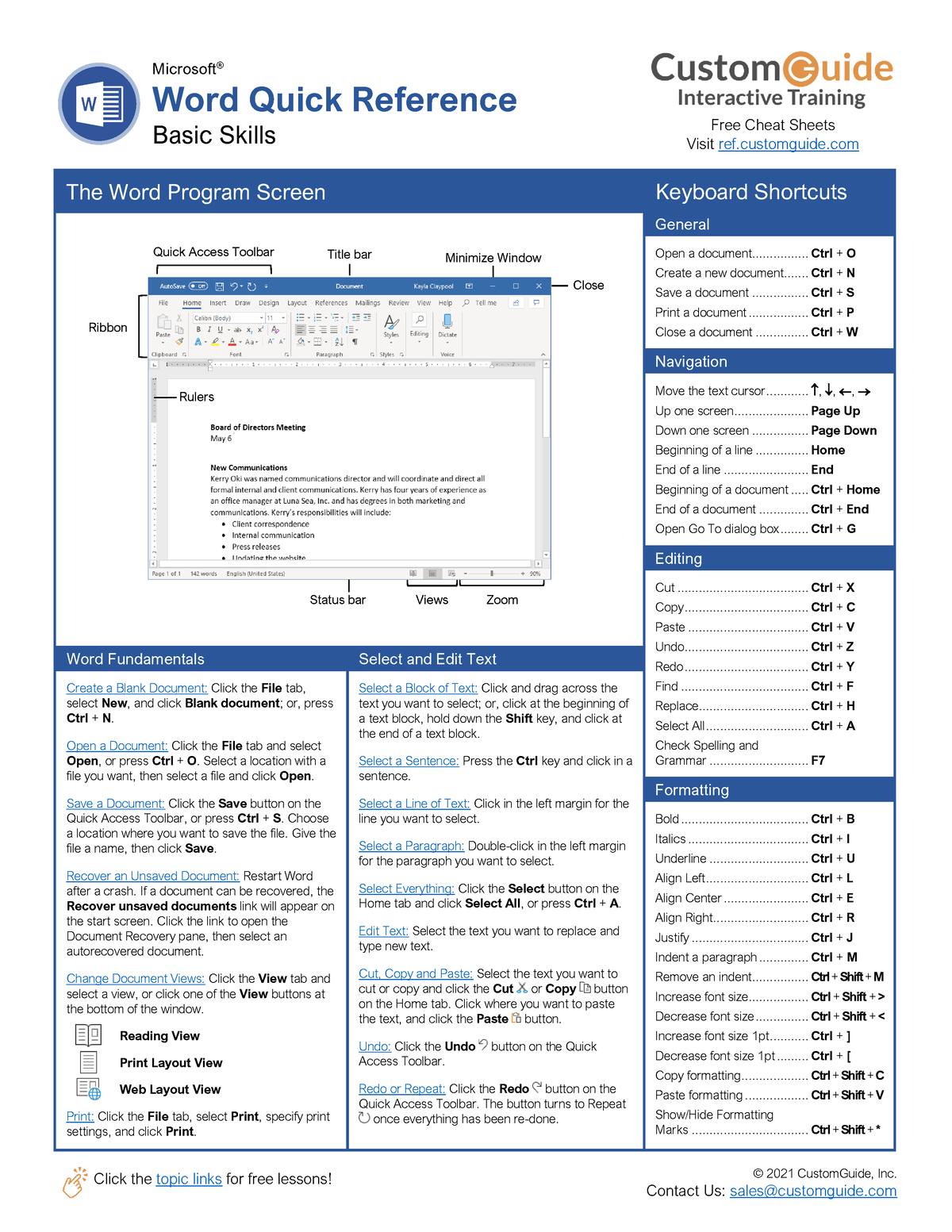 Word-quick-reference - Click The Topic Links For Free Lessons! © 2021 ...