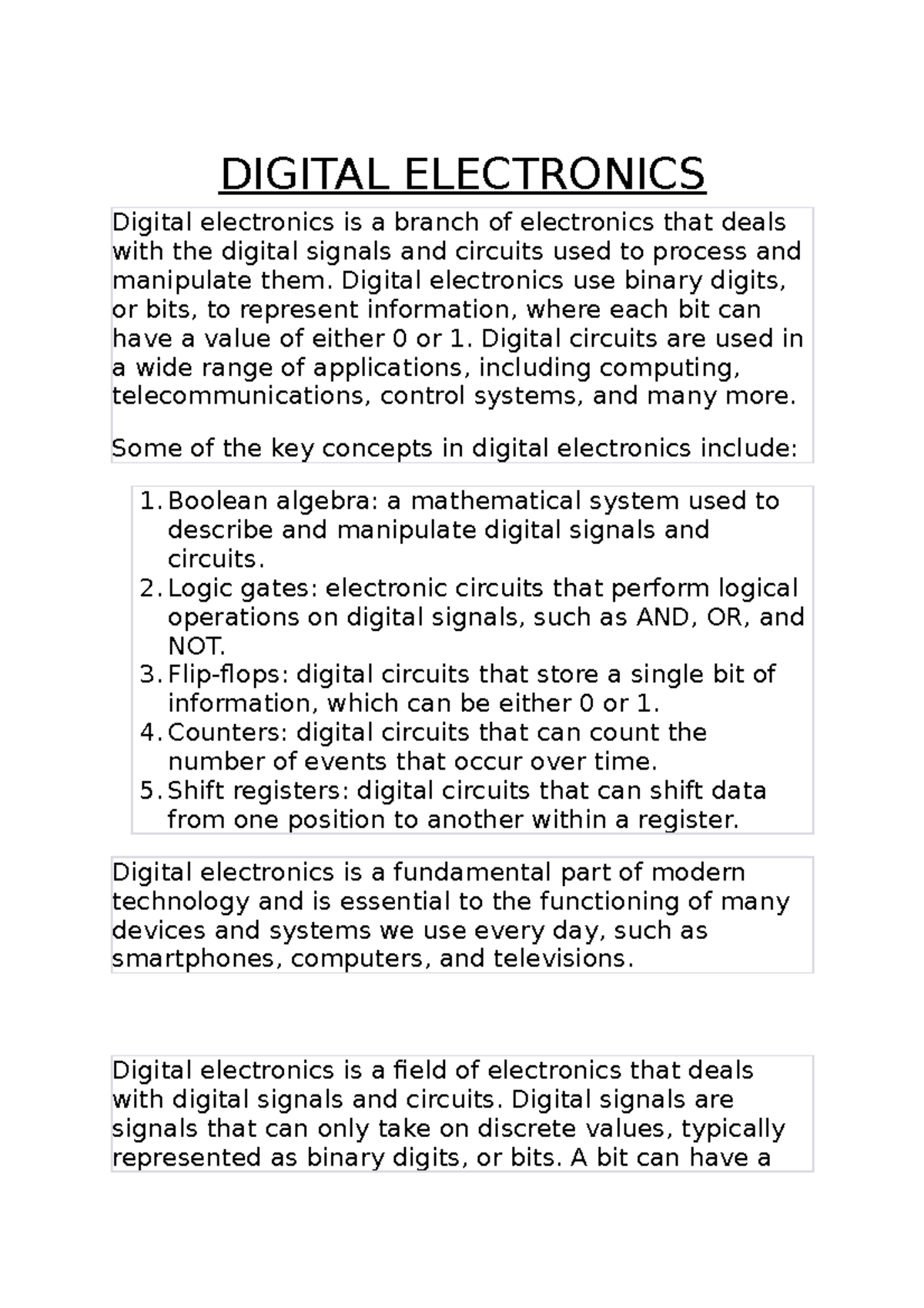 Digital Electronics DIGITAL ELECTRONICS Digital electronics is a