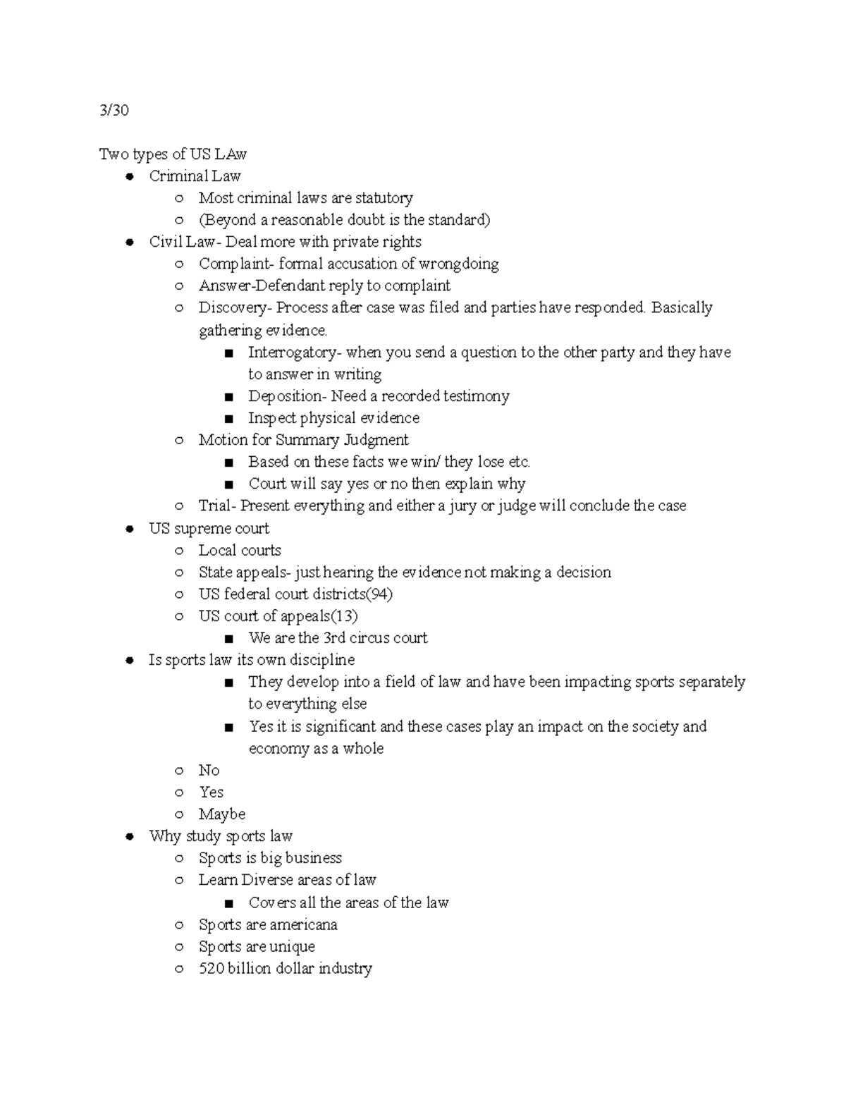 Sports Law Notes 3/ Two types of US LAw Criminal Law Most criminal