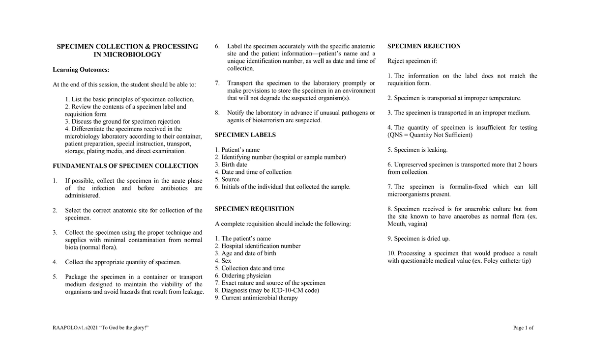 Specimen-Management-Transcript - Medical Technology - Studocu