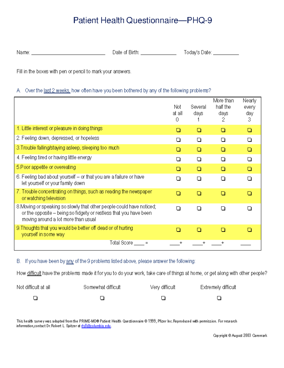 PPD Screening Tool - Patient Health Questionnaire—PHQ- Name