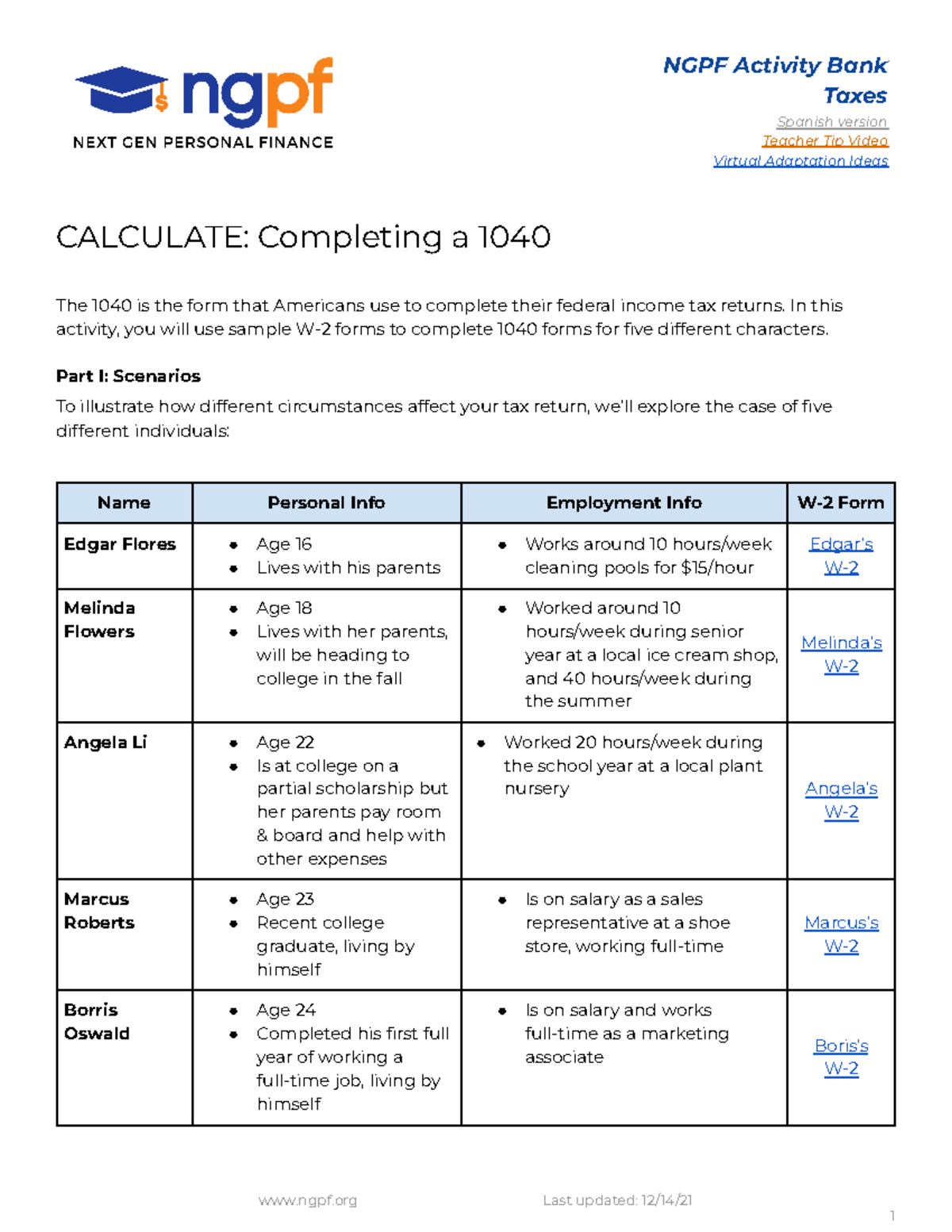 Completing a 1040 ngpf activity bank taxes spanish version teacher