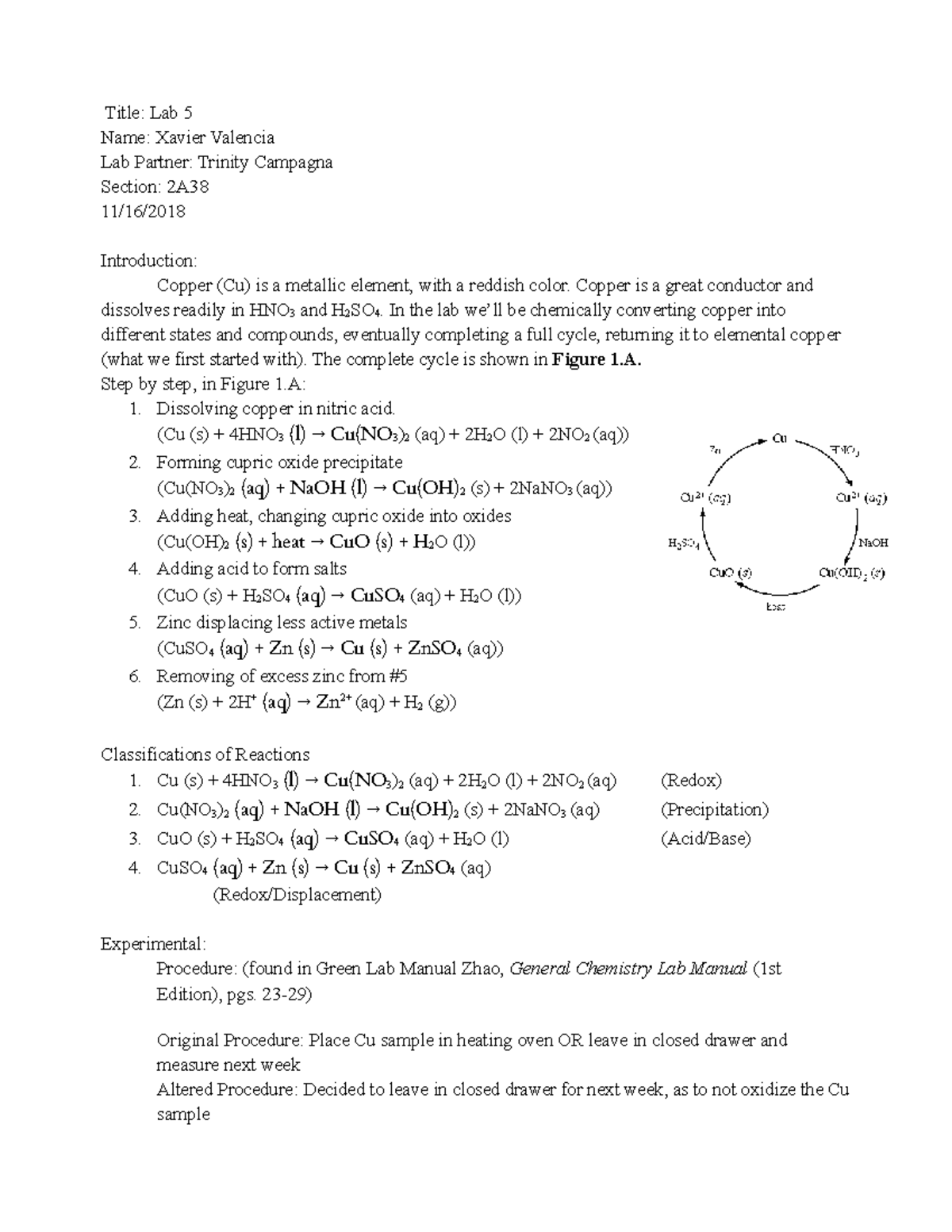 Lab 5 Copper Cycle Fifth Lab Title Lab 5 Name Xavier Valencia Lab
