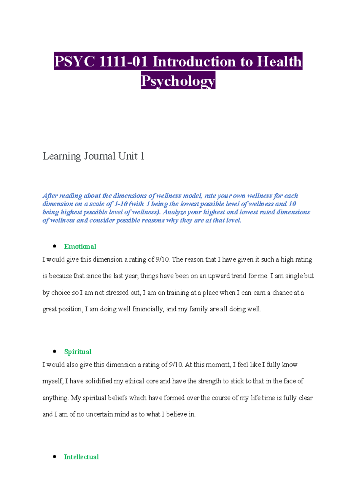 Learning Journal Unit 1 - PSYC 1111-01 Introduction To Health ...