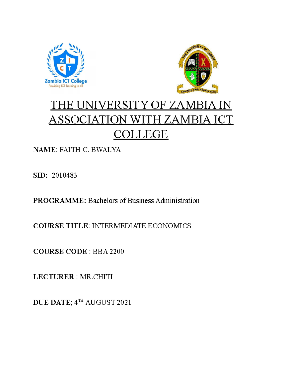 Intermediate Economics TEST 2 - THE UNIVERSITY OF ZAMBIA IN ASSOCIATION