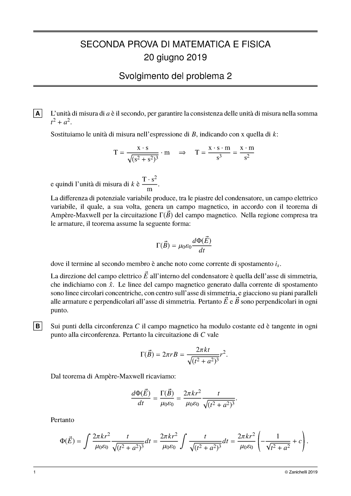 Seconda Prova DI Matematica E Fisica 2019 - 20 Giugno 2019 Svolgimento ...