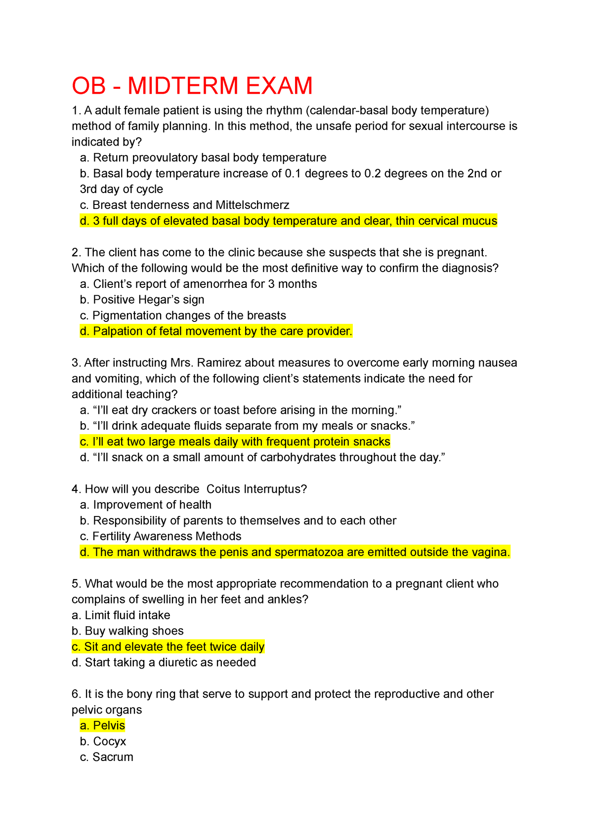 Maternal And Child - OB - MIDTERM EXAM A Adult Female Patient Is Using ...