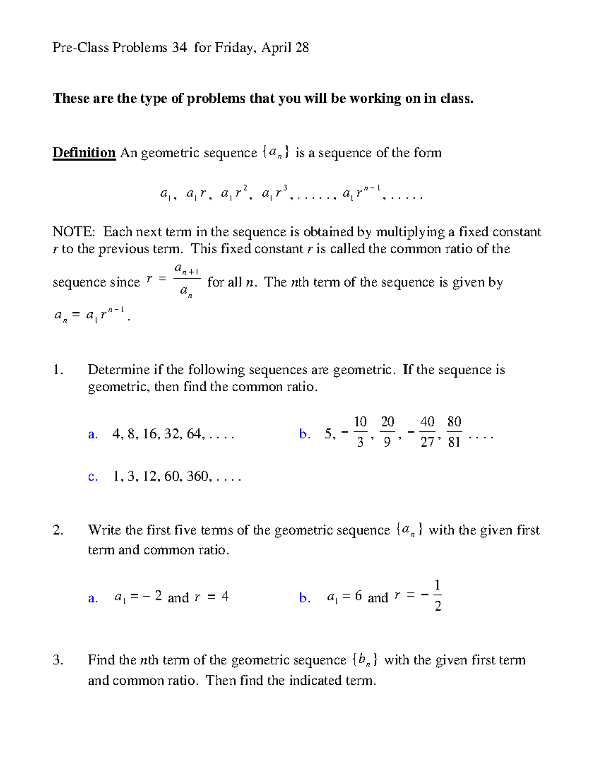 Problems 34MWF - Pre-Class Problems 34 for Friday, April 28 These are ...