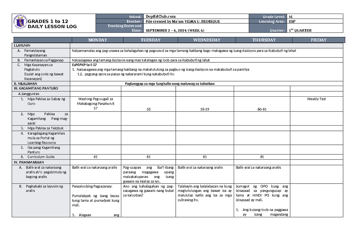DLL ESP 6 Q1 W6 - daily lesson log - GRADES 1 to 12 DAILY LESSON LOG ...