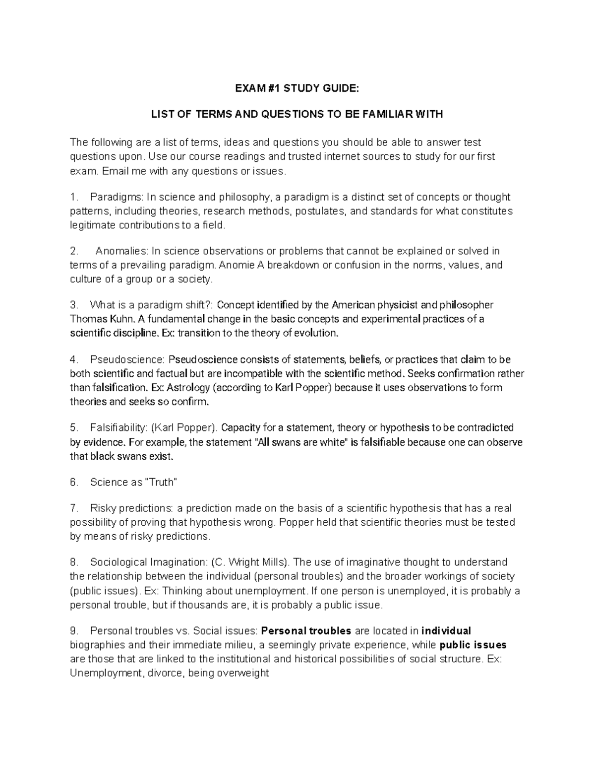 EXAM #1 Study Guide - Dual Credit - EXAM #1 STUDY GUIDE: LIST OF TERMS ...